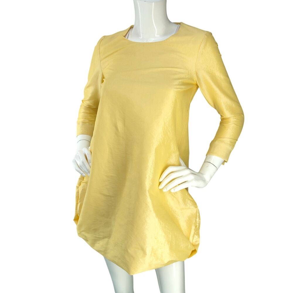 Celine Dress Women 38 Yellow Silk Blend Bubble Hem 3/4 Sleeve Shift LOOSE THREAD